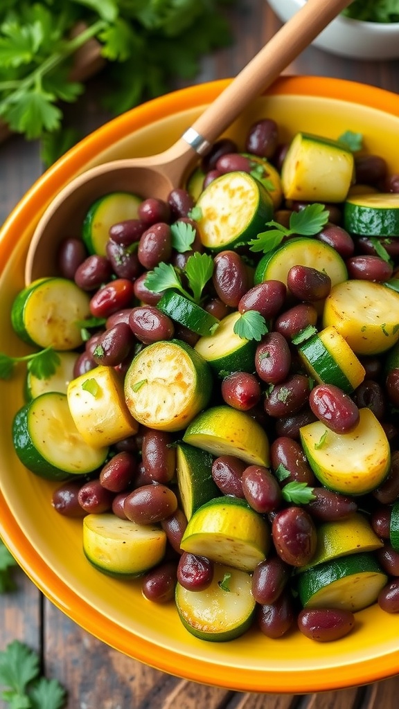 A colorful zucchini and bean stir-fry in a bowl, garnished with herbs, set in a rustic kitchen.